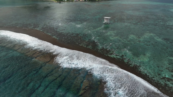 Aerial view by drone, Teahupoo, reef, new surf judges tower, 4k UHD