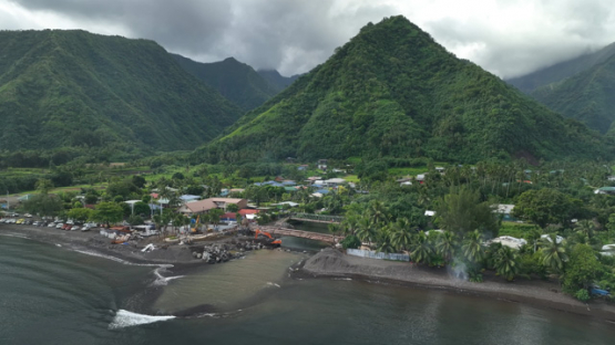 Aerial view by drone, Teahupoo village and bridges, 4k UHD