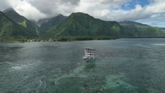 Aerial view by drone, Teahupoo and the new surf judges tower, 4k UHD
