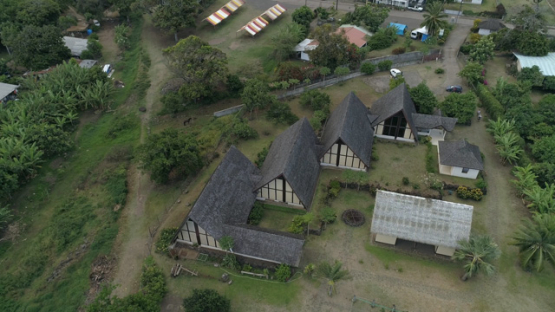 Atuona, Aerial view by drone, Maison du jouir, cultural Center, Painter Paul Gauguin, 4K UHD