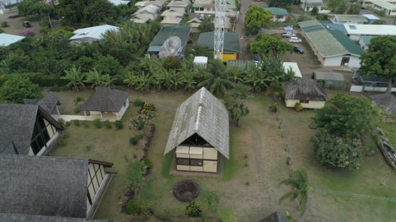 Atuona, Aerial view by drone, Maison du jouir, Cultural center, Painter Paul Gauguin, 4K UHD