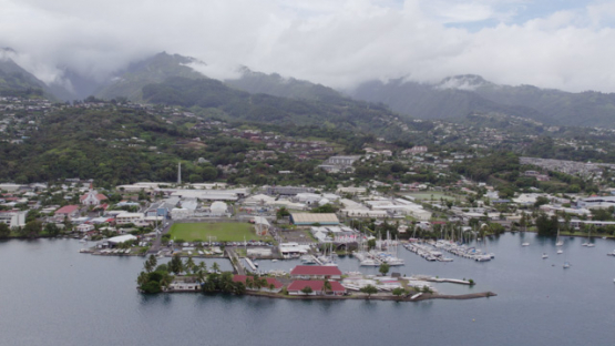 Aerial drone view of Marina of Arue, Tahiti, 4K UHD