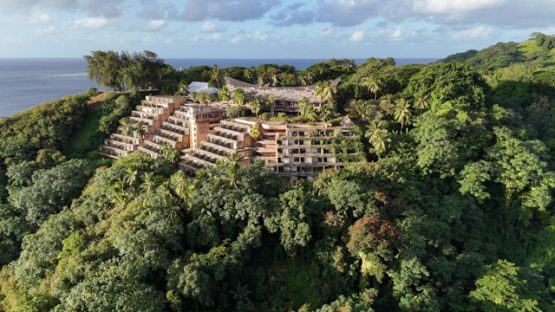 Tahiti, Col du Taharaa, old hotel, Arue, Aerial view by drone, 4K UHD