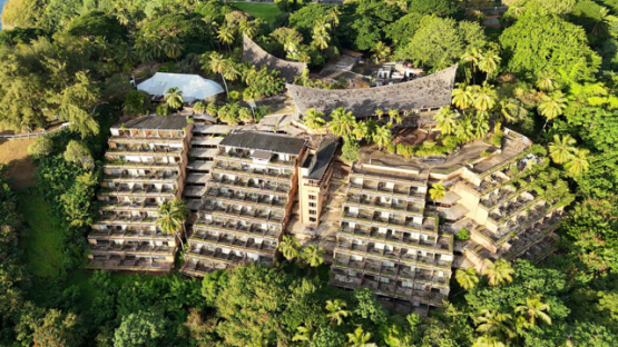 Col du Taharaa, old hotel, Arue, Aerial view by drone, Tahiti, 4K UHD