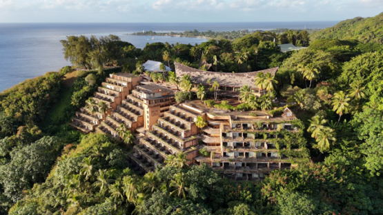 Col du Taharaa, old hotel, Arue, Aerial view by drone, Tahiti, 4K UHD