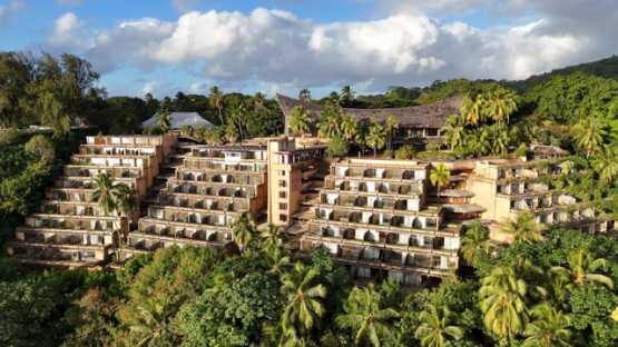 Col du Taharaa, old hotel, Arue, Aerial view by drone, Tahiti, 4K UHD