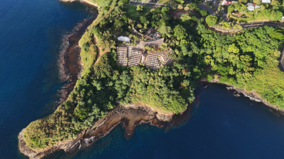 Col du Taharaa, old hotel, Arue, Aerial view by drone, Tahiti, 4K UHD