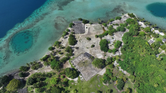 Aerial view by drone, Raiatea, Marae Taputapuatea, UHD 4K