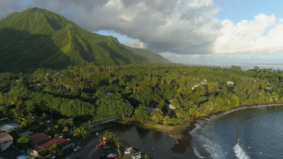 Aerial drone view, Teahupoo village, Peninsula of Tahiti, Polynesia, 4K UHD