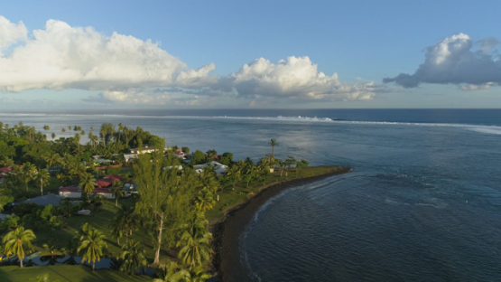 Aerial drone view, Teahupoo point, Peninsula of Tahiti, Polynesia, 4K UHD