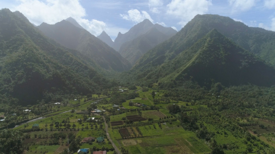 Aerial drone view, Teahupoo valley, Peninsula of Tahiti, Polynesia, 4K UHD
