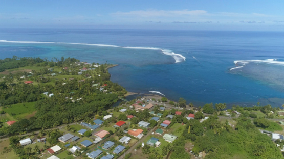 Aerial drone view, Village of Teahupoo, Peninsula of Tahiti, Polynesia, 4K UHD