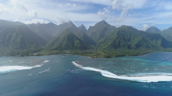 Aerial drone view, Teahupoo, Peninsula of Tahiti, Polynesia, 4K UHD
