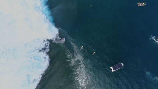 Aerial drone view, Teahupoo, Surf, Peninsula of Tahiti, Polynesia, 4K UHD