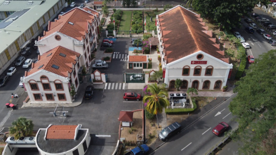 Aerial view by drone, CESEC establishment, Papeete, Tahiti, French Polynesia, 4K UHD