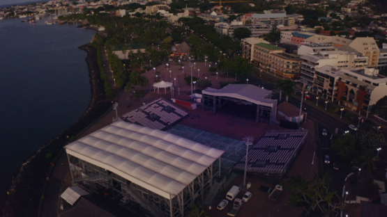 Aerial view by drone, Maison de la Culture, Papeete, Tahiti, French Polynesia, 4K UHD