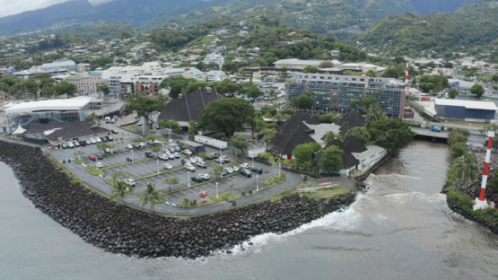 Aerial view by drone, Maison de la Culture, Papeete, Tahiti, French Polynesia, 4K UHD