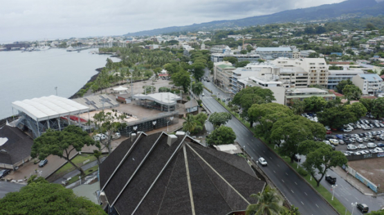 Aerial view by drone, Papeete shot from the Maison de la Culture, Tahiti, French Polynesia, 4K UHD
