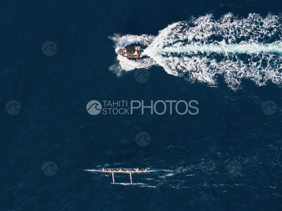 Drone top view, outrigger, boat, Waves, Taapuna, shot by drone, Tahiti, French Polynesia