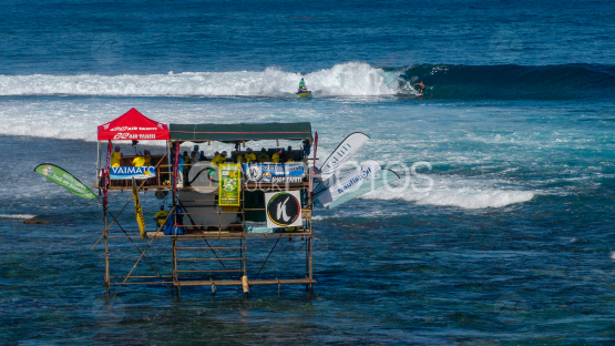 Judge tower and flags, Surf, Waves, Taapuna, shot by drone, Tahiti, French Polynesia