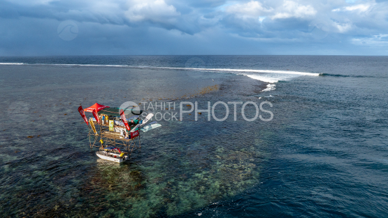 Judge tower and flags, Surf, Waves, Taapuna, shot by drone, Tahiti, French Polynesia