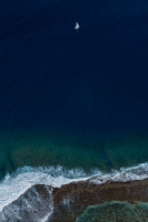 Drone top view, Sailing boat and coral reef, Tahiti, French Polynesia