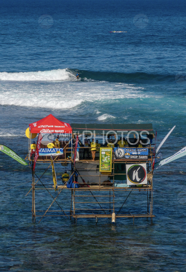 Judges tower, Surf, Waves, Taapuna Master, shot by drone, Tahiti, French Polynesia