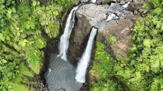 Aerial drone topview of twin waterfalls, Faraura valley, 4k UHD