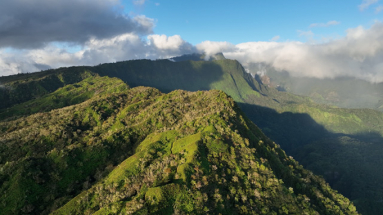 Aerial drone view, Vaitavere edge, Mount Marau, Sunset, Tahiti, 4K UHD