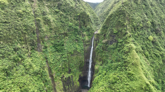 Aerial drone view of twin waterfalls, Faraura valley, 4k UHD