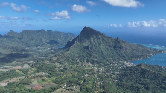 Aerial drone view of mou a roa, people on the top, Moorea, french Polynesia, 4K UHD