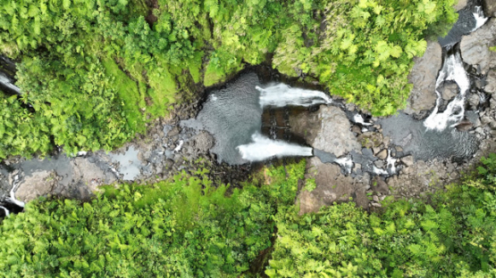 Aerial drone top view of twin waterfalls, Faraura valley, 4k UHD