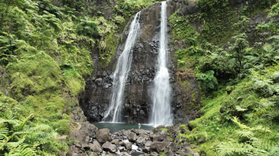 Aerial drone view of twin waterfalls, Faraura valley, 4k UHD