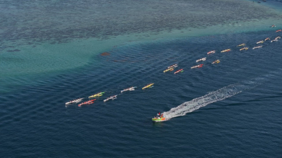 French Polynesia, outrigger Race, Vaa, Punaauia, Aerial drone shot, UHD 4K 