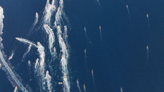 French Polynesia, outrigger Race, Vaa, Aerial drone shot, UHD 4K 