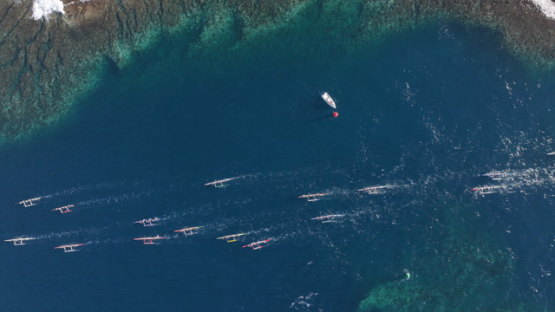 French Polynesia, outrigger Race, Vaa, Punaauia, Aerial top drone shot, UHD 4K 