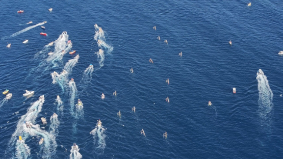 French Polynesia, outrigger Race, Vaa, Punaauia, Aerial drone shot, UHD 4K 