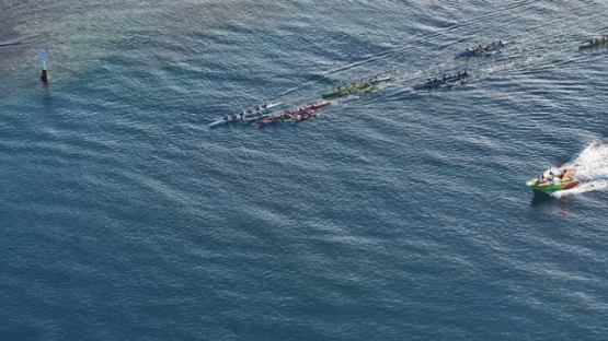 French Polynesia, outrigger Race, Vaa, Punaauia, Aerial drone shot, UHD 4K 