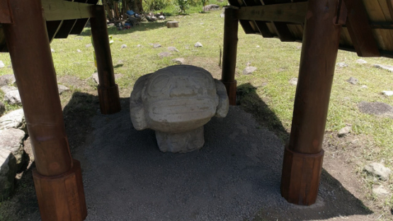 Aerial drone view, Puamau, Hiva Oa, Giant Tiki, Marquesas islands, Polynesia, 4K UHD