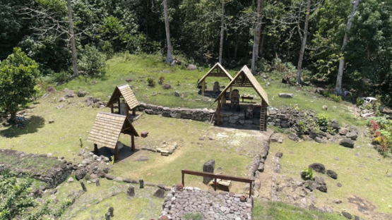 Aerial drone view, Puamau, Hiva Oa, Giant Tiki, Marquesas islands, Polynesia, 4K UHD