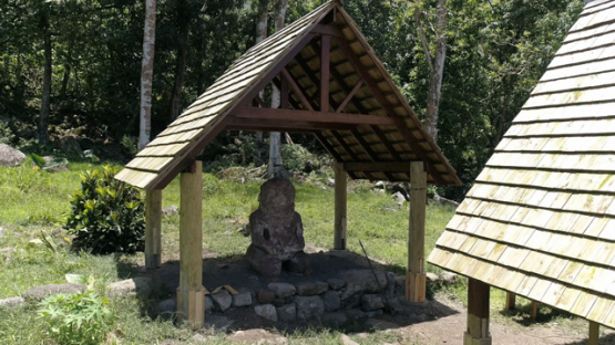 Aerial drone view, Puamau, Hiva Oa, Giant Tiki, Marquesas islands, Polynesia, 4K UHD