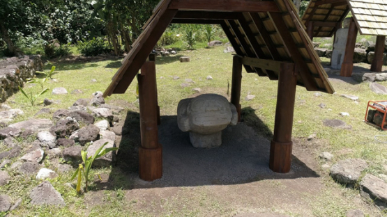 Aerial drone view, Puamau, Hiva Oa, Giant Tiki, Marquesas islands, Polynesia, 4K UHD