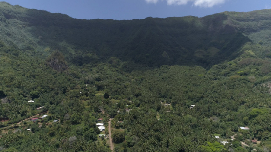 Aerial drone view, Puamau, Hiva Oa, Giant Tiki, Marquesas islands, Polynesia, 4K UHD