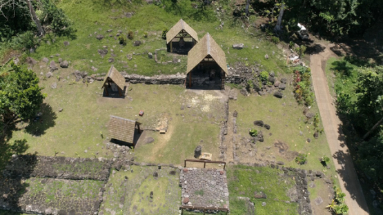Aerial drone view, Puamau, Hiva Oa, Giant Tiki, Marquesas islands, Polynesia, 4K UHD