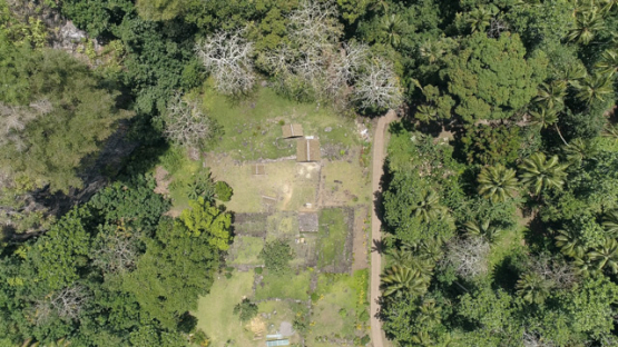 Aerial drone view, Puamau, Hiva Oa, Giant Tiki, Marquesas islands, Polynesia, 4K UHD