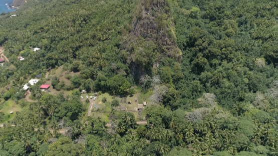 Aerial drone view, Puamau, Hiva Oa, Giant Tiki, Marquesas islands, Polynesia, 4K UHD
