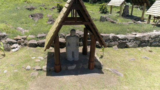 Aerial drone view, Puamau, Hiva Oa, Giant Tiki, Marquesas islands, Polynesia, 4K UHD