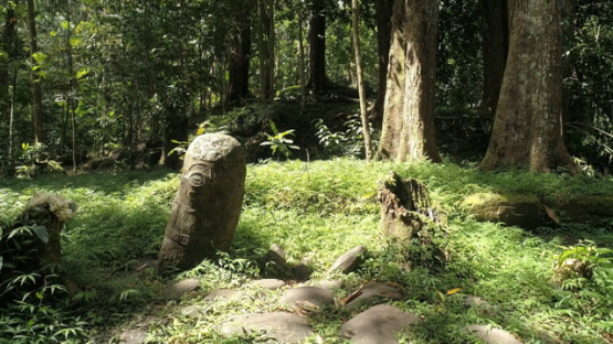 Aerial drone view, Smiling Tiki, Hiva Oa, Utukua, Marquesas islands, Polynesia, 4K UHD