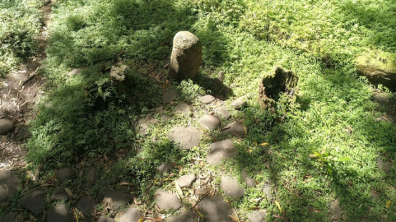 Aerial drone view, Smiling Tiki, Hiva Oa, Utukua, Marquesas islands, Polynesia, 4K UHD
