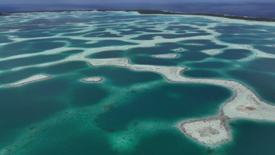 Drone Aerial View of Mataiva Atoll and its Reticulated Lagoon, Leopard Lagoon, Tuamotu Archipelago, French Polynesia